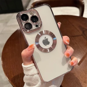 iPhone 14 Pro Max Kılıf 5d Kamera Lens Korumalı Logo Gösteren Kenarları Renkli Arkası Şeffaf Silikon