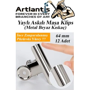 Yaylı Askılı Maşa Klips 64 mm 12 Adet Metal Beyaz Kıskaç 140 Yaprak Kapasiteli Pürüzsüz Mandal Kıskac