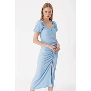 2396 Yırtmaçlı Yazlık Örme Elbise - Mavi