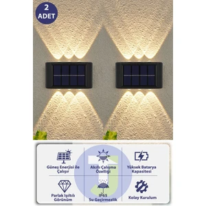 Modern Solar Güneş Enerjili 6 Ledli Bahçe Aydınlatması Aplik Sarı Işık LED Lamba (2 Adet)