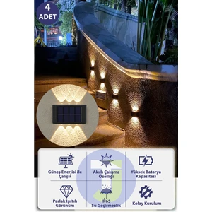 Modern Solar Güneş Enerjili 6 Ledli Bahçe Aydınlatması Aplik Sarı Işık LED Lamba (4 Adet)