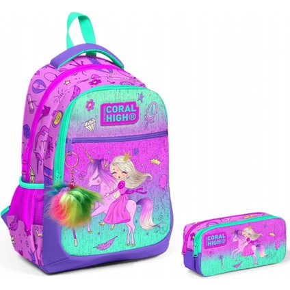 Pembe Yeşil Unicorn ve Prenses Ilkokul Okul Sırt Çantası ve Kalemlik Seti