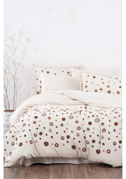Lal Çift Kişilik Nevresim Takımı %100 Pamuk Keten Panç Nakışlı Bej 200X220 cm