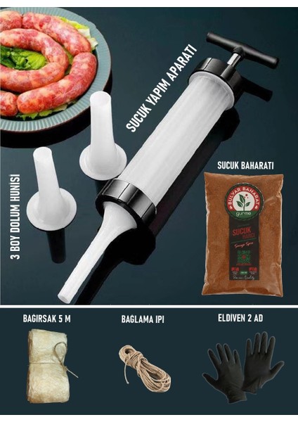 Geleneksel Sucuk Yapım Seti (Sucuk Yapım Aparatı +380 gr Sucuk Baharatı+5m Dana Bağırsağı+Bağlama Ipi+Eldiven)