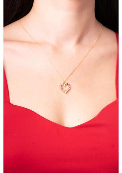 925 Ayar Renkli Kalp Zirkon Taşlı Kadın Kolye