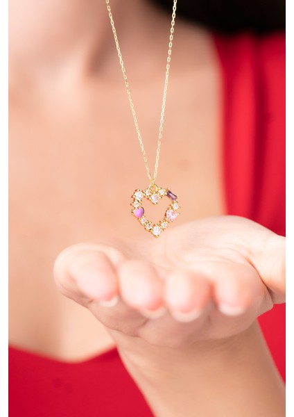 925 Ayar Renkli Kalp Zirkon Taşlı Kadın Kolye modelleri