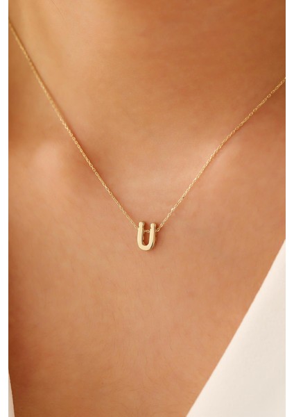 14 Ayar Altın Üç Boyutlu Ü Harfi Kolye