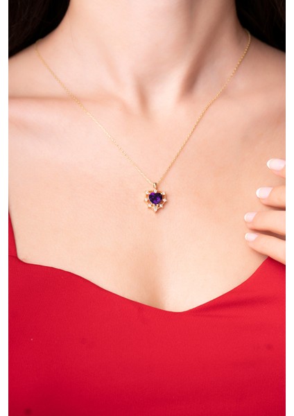 925 Ayar Gümüş Zincirli Mor Kalpli Pırlanta Taşlı Kadın Kolye