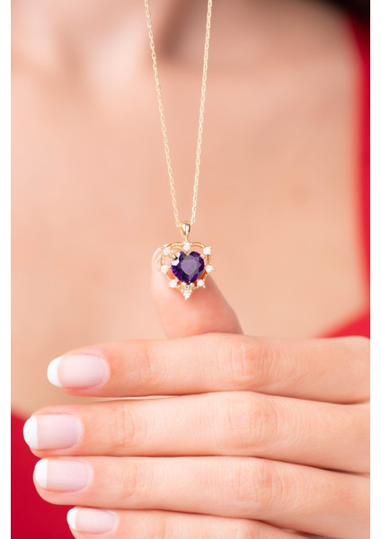 925 Ayar Gümüş Zincirli Mor Kalpli Pırlanta Taşlı Kadın Kolye fiyatları