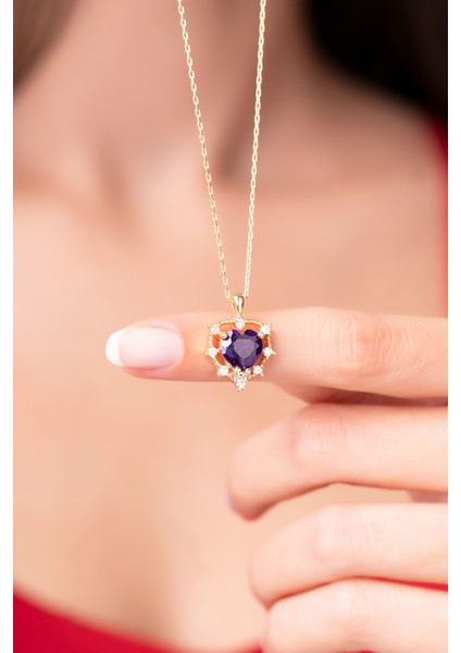 925 Ayar Gümüş Zincirli Mor Kalpli Pırlanta Taşlı Kadın Kolye modelleri
