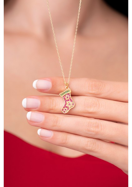 925 Ayar Gümüş Zincirli Şanslı Noel Çorabı Kadın Kolye