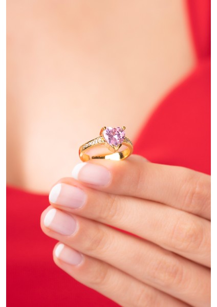 925 Ayar Ayarlanabilir Pembe Kristal Renkli Parlak Taşlı Kadın Yüzük