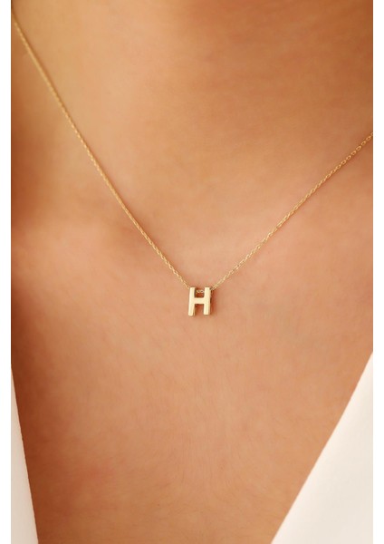 14 Ayar Altın Üç Boyutlu H Harf Kolye