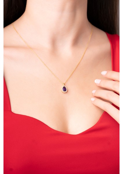 925 Ayar Gümüş Zincirli Mor Su Damlası Zarif Kadın Kolye