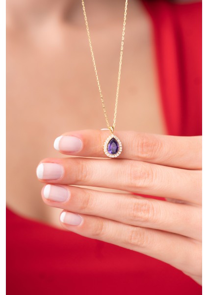 925 Ayar Gümüş Zincirli Mor Su Damlası Zarif Kadın Kolye fiyatları