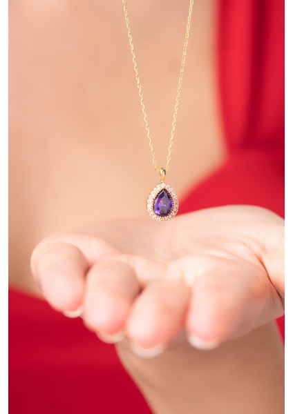 925 Ayar Gümüş Zincirli Mor Su Damlası Zarif Kadın Kolye modelleri