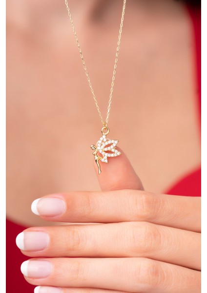 925 Ayar Gümüş Zincirli Melek Pırlanta Taşlı Kadın Kolye