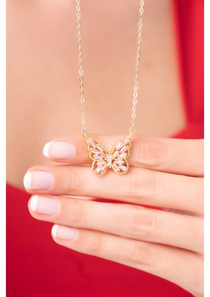 925 Ayar Gümüş Zincirli Kelebek Pembe Kristal Taşlı Kadın Kolye