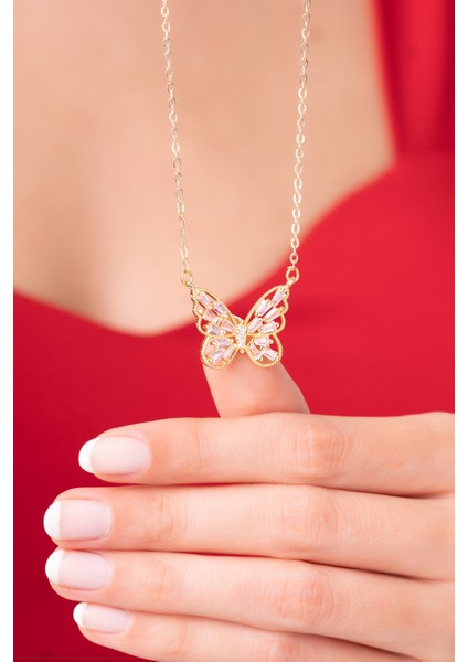 925 Ayar Gümüş Zincirli Kelebek Pembe Kristal Taşlı Kadın Kolye modelleri