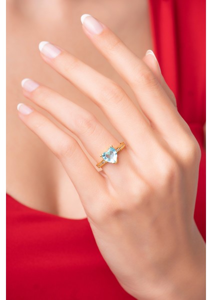 925 Ayar Ayarlanabilir Mavi Zirkon Taşlı Kalpli Kadın Yüzük