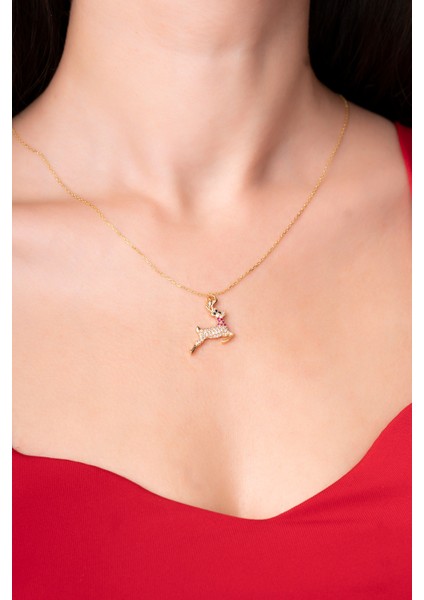 925 Ayar Gümüş Zincirli Ren Geyiği Zirkon Taşlı Kadın Kolye