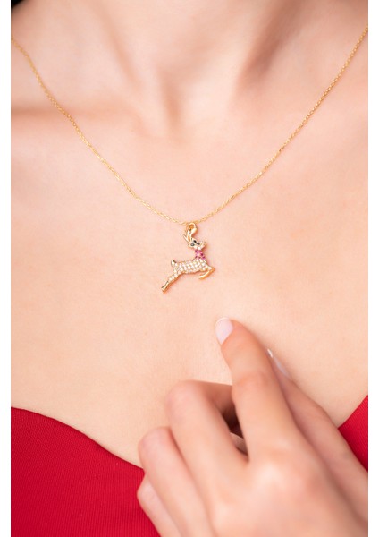 925 Ayar Gümüş Zincirli Ren Geyiği Zirkon Taşlı Kadın Kolye modelleri