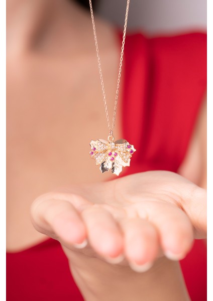 925 Ayar Gümüş Zincirli Meşe Yaprağı Rose Renkli Kadın Kolye