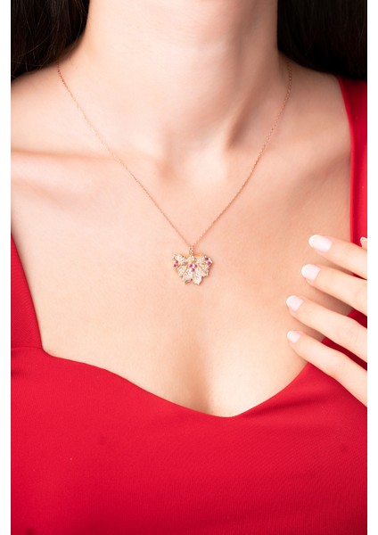 925 Ayar Gümüş Zincirli Meşe Yaprağı Rose Renkli Kadın Kolye fiyatları