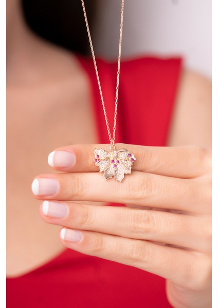 925 Ayar Gümüş Zincirli Meşe Yaprağı Rose Renkli Kadın Kolye modelleri