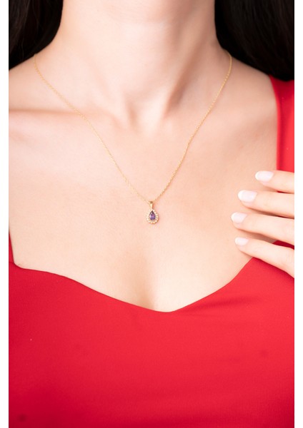 925 Ayar Lila Renkli Su Damlası Kadın Kolye
