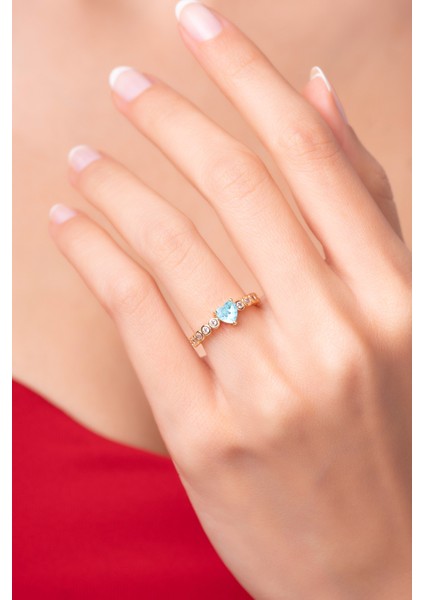 925 Ayar Ayarlanabilir Mavi Zirkon Taşlı Kalpli Zarif Yüzük