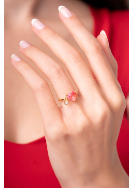 925 Ayar Ayarlanabilir Pembe Kristal Renkli Parlak Taşlı Kadın Yüzük
