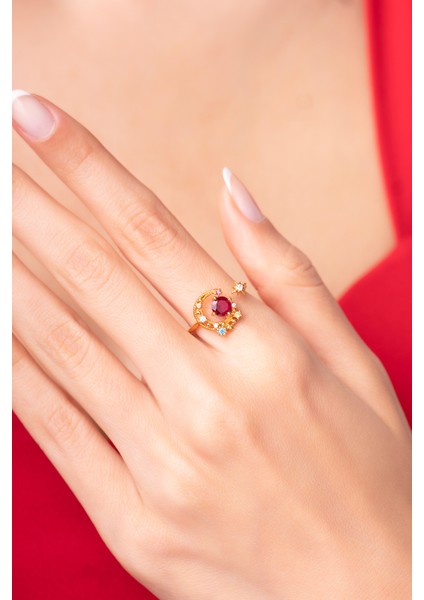 925 Ayar Ayarlanabilir Kırmızı Renkli Ay Yıldız Desenli Kadın Yüzük