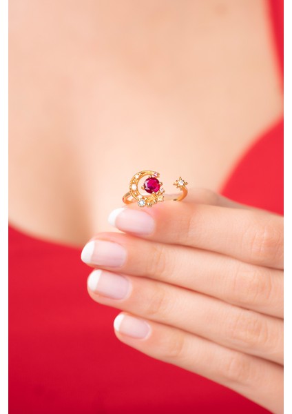 925 Ayar Ayarlanabilir Kırmızı Renkli Ay Yıldız Desenli Kadın Yüzük fiyatları