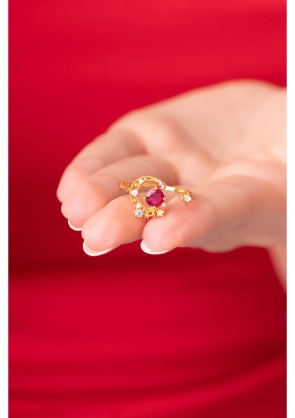 925 Ayar Ayarlanabilir Kırmızı Renkli Ay Yıldız Desenli Kadın Yüzük modelleri