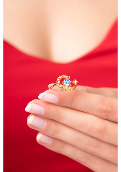 925 Ayar Ayarlanabilir Mavi Renkli Ay Yıldız Desenli Kadın Yüzük