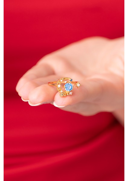 925 Ayar Ayarlanabilir Mavi Renkli Ay Yıldız Desenli Kadın Yüzük modelleri