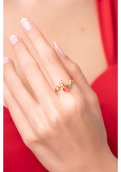 925 Ayar Ayarlanabilir Prenses Model Kırmızı Kalpli Çiçekli Kadın Yüzük