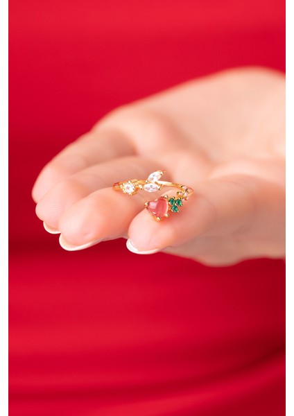 925 Ayar Ayarlanabilir Prenses Model Kırmızı Kalpli Çiçekli Kadın Yüzük modelleri