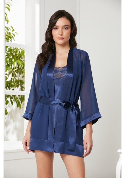 3'lü Saten Dantelli Şort ve Şifon Dantelli Sabahlık Takımı 2475