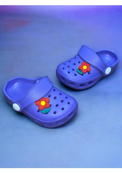 Akım Bebek Çocuk Mor Renkli Çiçek Figürlü Kaydırmaz Ortopedik Sandalet Crocs Terlik