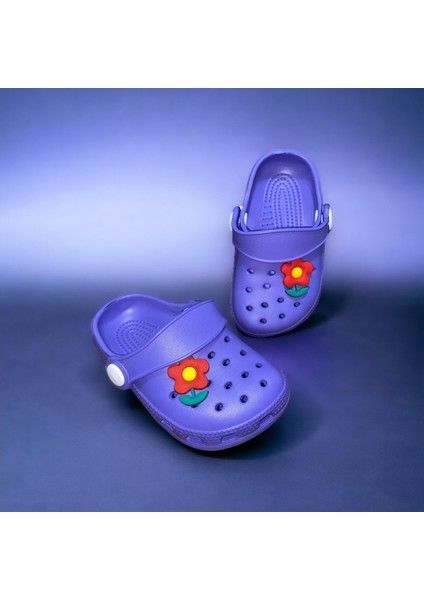 Akım Bebek Çocuk Mor Renkli Çiçek Figürlü Kaydırmaz Ortopedik Sandalet Crocs Terlik