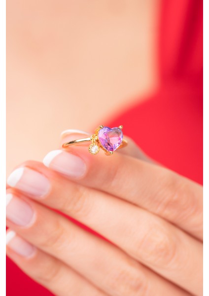 925 Ayar Ayarlanabilir Mor Kristal Renkli Parlak Taşlı Kadın Yüzük