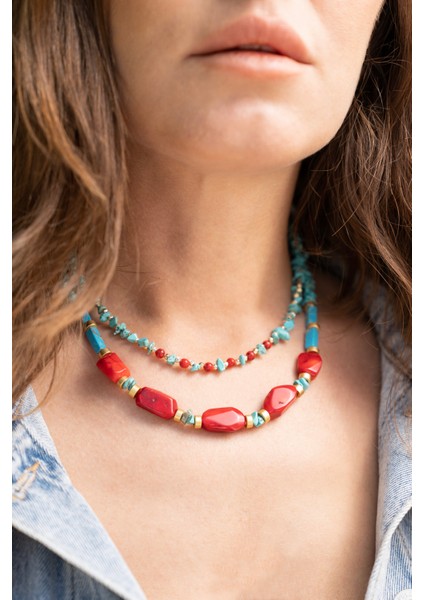 Alnis Ateliler Turkuaz ve Mercan Doğal Taş Kadın Kolye 2li Kombin