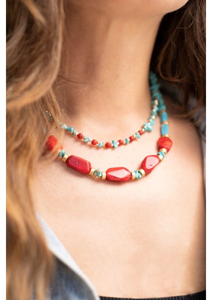 Alnis Ateliler Turkuaz ve Mercan Doğal Taş Kadın Kolye 2li Kombin fiyatları