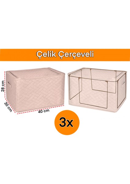 3 Adet Çelik Çerçeveli Çok Amaçlı Kutu Mini Hurç Telli Hurç 30X40X28CM Kazak Hurcu