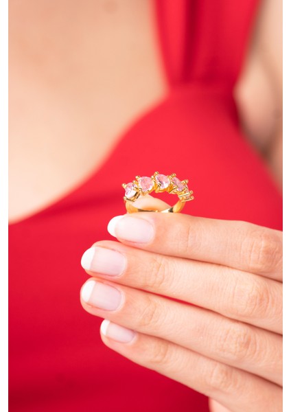 925 Ayar Ayarlanabilir Pembe Kristal Renkli Parlak Taşlı Kadın Beştaş Yüzük