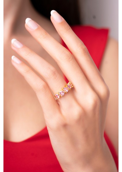 925 Ayar Ayarlanabilir Pembe Kristal Renkli Parlak Taşlı Kadın Beştaş Yüzük fiyatları