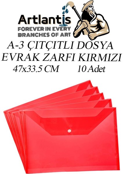 A3 Çıtçıtlı Dosya Kırmızı 10 Adet A-3 Çıt Çıtlı Zarf Dosya Transparan 47X33.5 cm Büyük Boy Çıtçıtlı Dosya