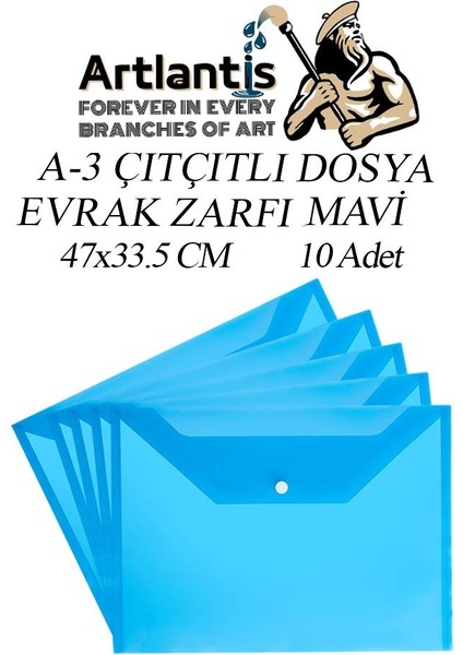 A3 Çıtçıtlı Dosya Mavi 10 Adet A-3 Çıt Çıtlı Zarf Dosya Transparan 47X33.5 cm Büyük Boy Çıtçıtlı Dosya
